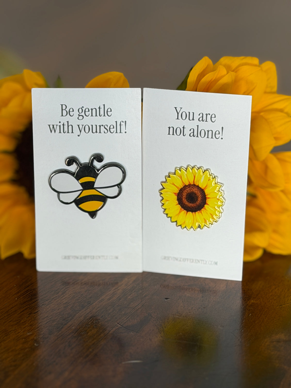 Be Gentle With Yourself - Bumblebee Pin & You Are Not Alone - Sunflower Pin